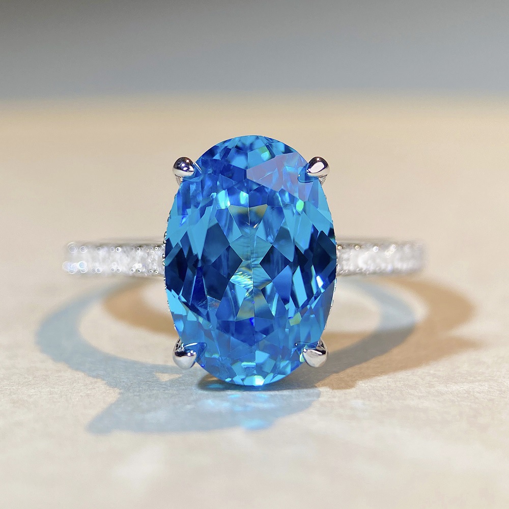 6CT oval S925 sterling silver gemstone blue crystal pink high carbon diamond princess ring personalized fashionable luxurious hand-set pigeon egg-shap