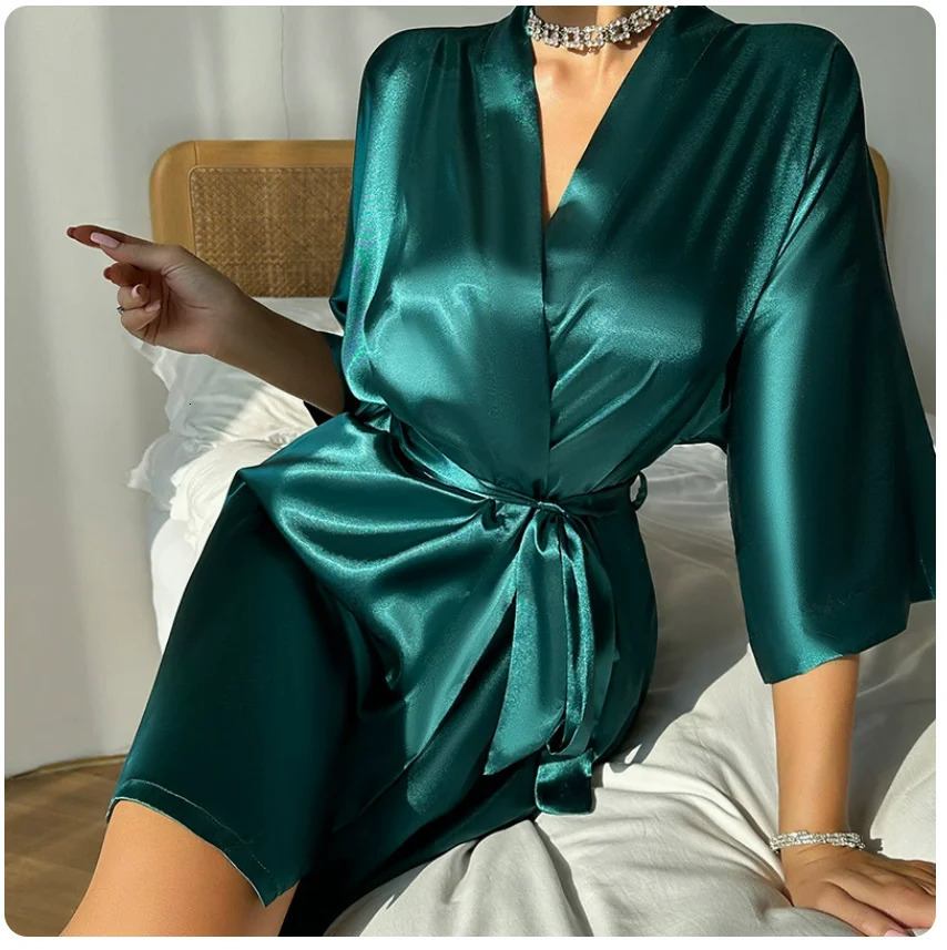 Pajamas women summer European and American ladies lace-up bathrobe sexy morning gown home dress can wear ice silk robe 250519CJ
