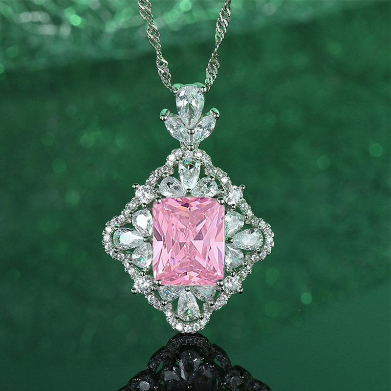 925 Sterling Silver Multi-Color Square Pendant Necklace for Women, Green, Red, Pink, Blue Gemstones, Elegant and Fashionable Jewelry