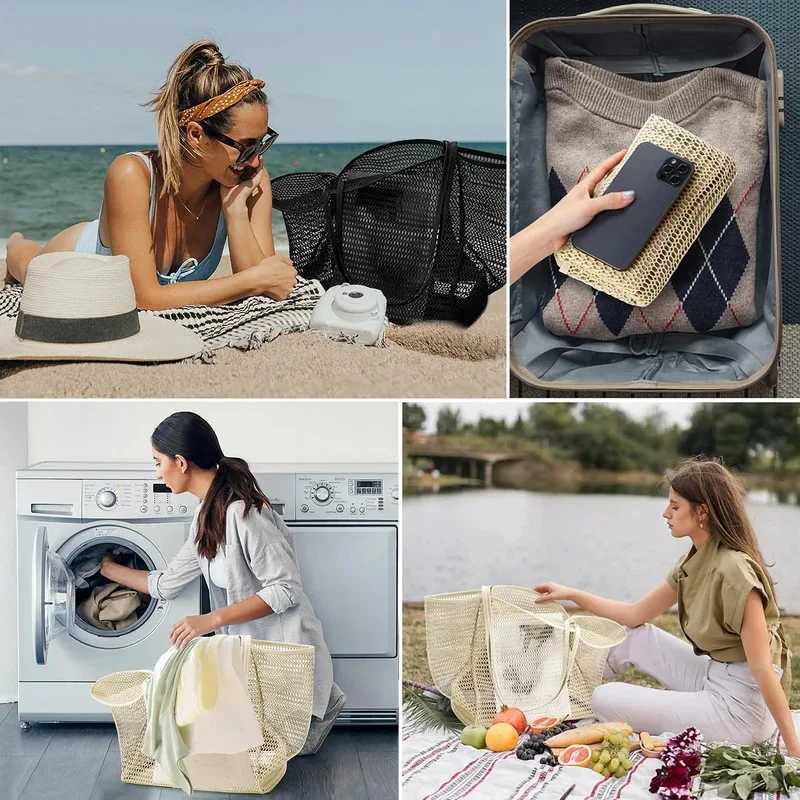 Summer Fashion Beach Bag Hollow Out Womens Shoulder Tote Bag Large Capacity Foldable Mesh Swim Bag with Pocket Shopping Pack W250524