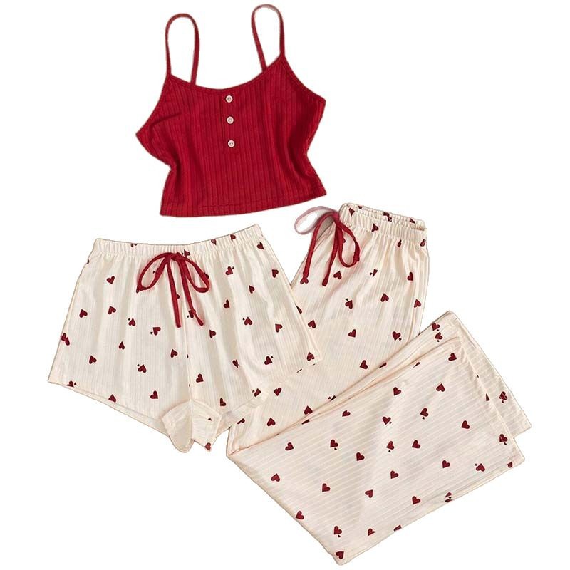 X180-Peach heart slimming suspender pajamas women's spring three-piece set high-end sexy home wear suit