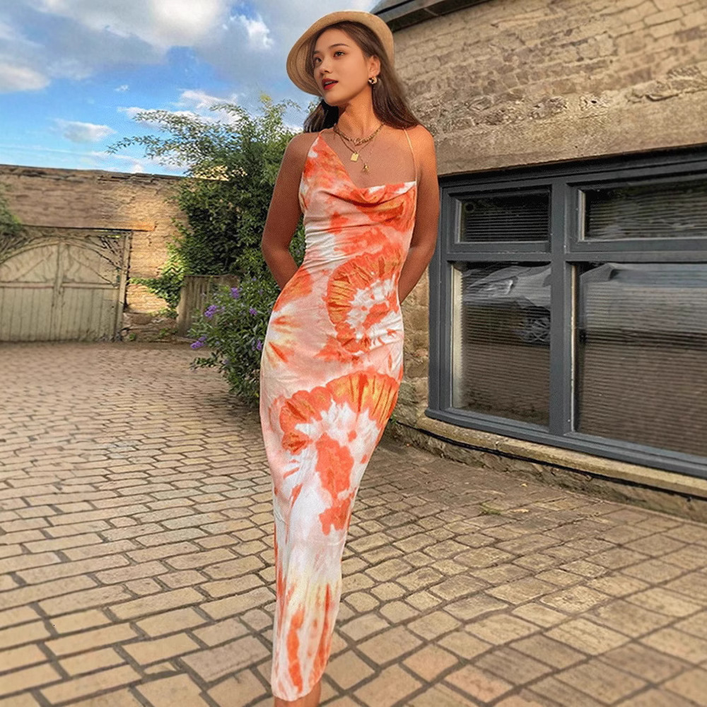 2025 womens summer new print tie dye backless strap long dress for women