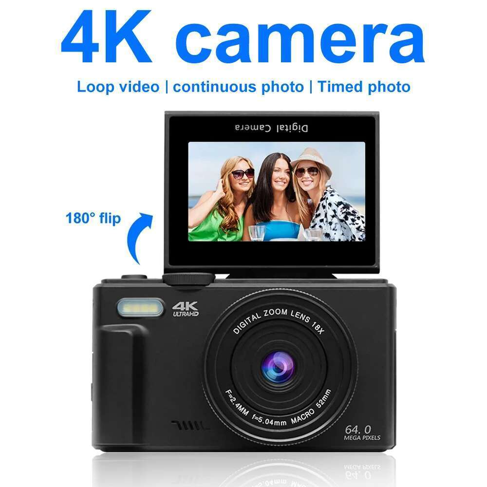4K For Photography And 18X Digital Zoom 64Mp Compact Vlogging Camera 3'' 180 Flip Screen With Flash
