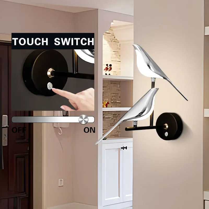 Nordic Touch Switch LED Wall Lamps for Bedside TV Background Gold Silver Magpie Bird LED Wall Lights Wall Sconce for CorridorXJ250526