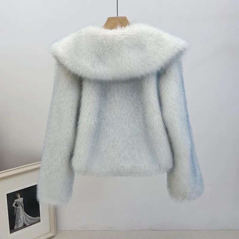 Korean Sweet Doll Collar Gradient Blue Imitation Jacket Winter Women Single-breasted Long Sleeve Faux Fox Fur Coat Female