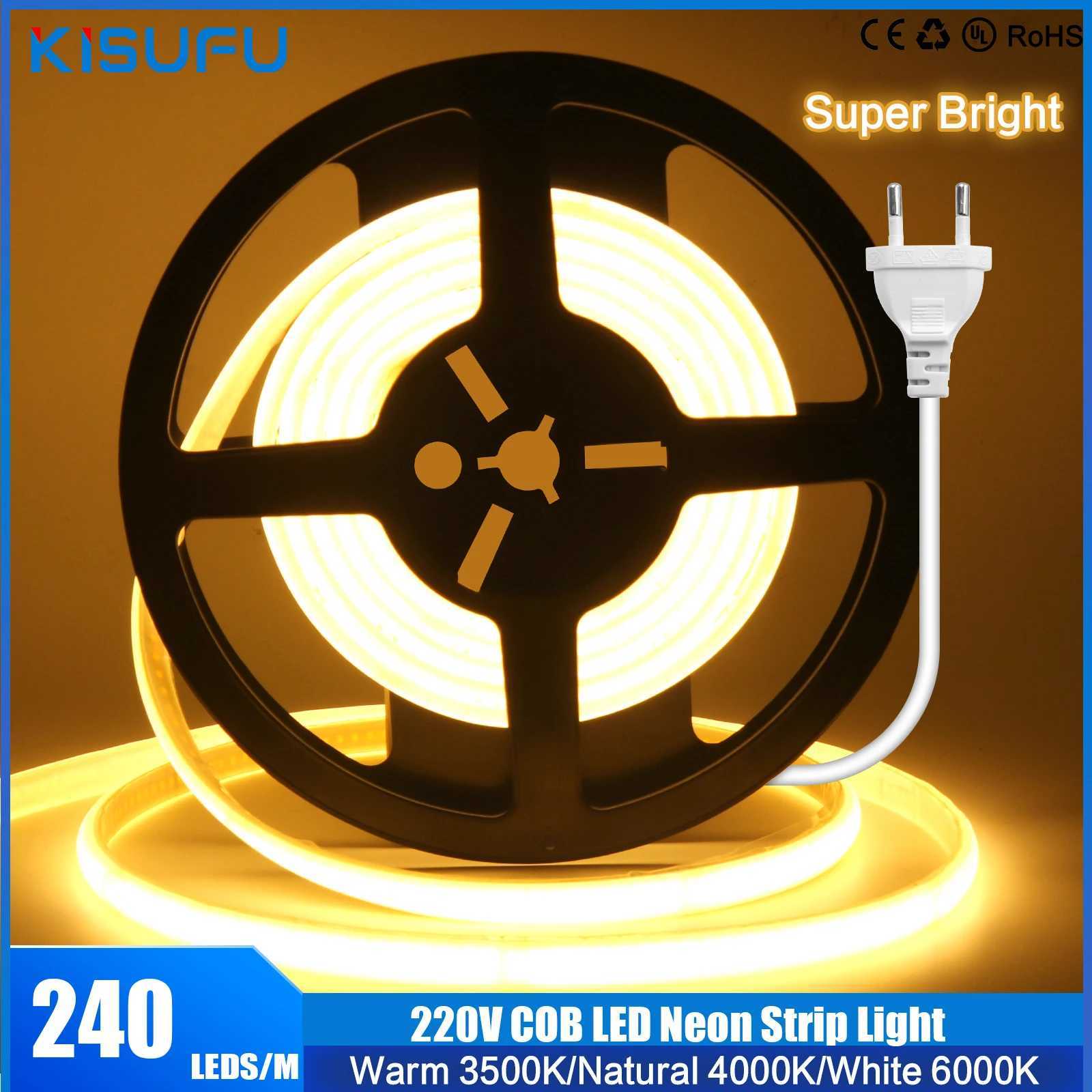 COB LED Strip Super Bright 220V 240V IP65 Waterproof LED Tape Flexible 240 LED/m RA90 Outdoor Linear Lighting Natural/Warm/White W250526