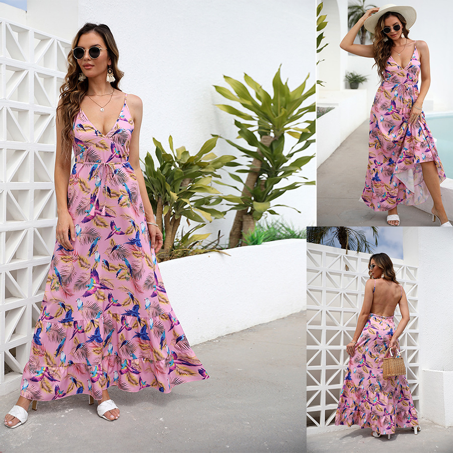 Summer New Womens V-Neck Waist Wrapped Dress with Hanging Strap Printed Dress for Women