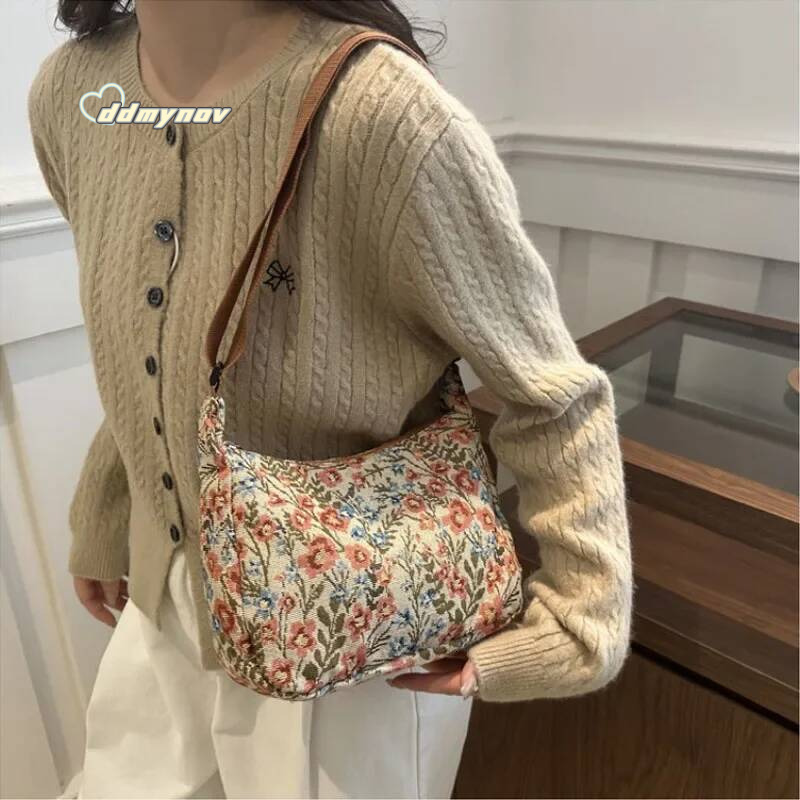 New Women Lady Bag Fashion Vintage Winter Versatile Literary Prints Cloth Crescent Pack Texture Temperament Crossbody Shoulder ddmynov