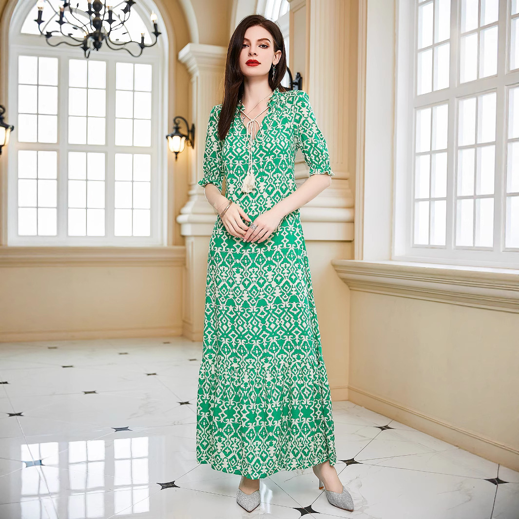 Summer New Womens Loose Medium Sleeve Dress Printed Beach Skirt