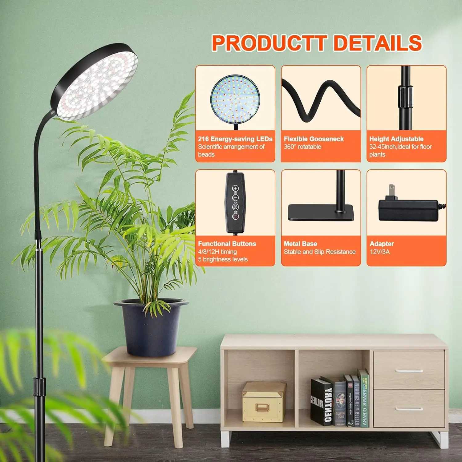 LED Grow Light Indoor Plants 6000K Full Spectrum With Stand AC85-265V Floor Plant Growing Lamp Auto ON/Off Timer 4/8/12 HoursXJ250526