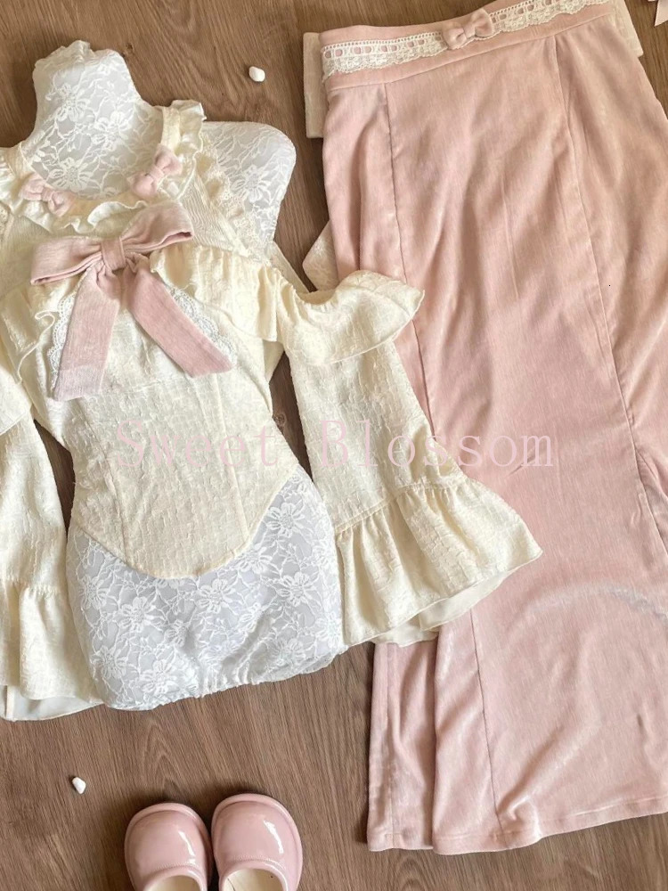 Sweet Fashion Skirts Suit Women Lace Bow Off-the-Shoulder Top High Waist Skirts Japanese Slim Kawaii Y2k 2 Piece Sets 250523
