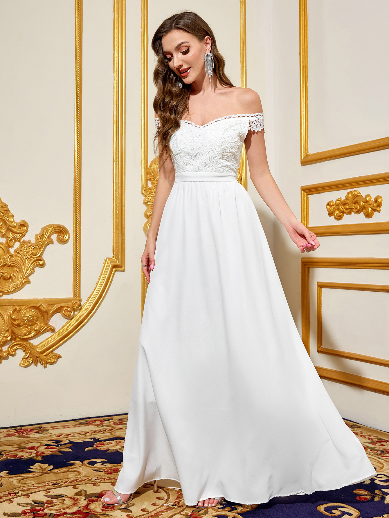 Womens Dress Elegant Long Wedding Banquet One Shoulder White Wedding Dress