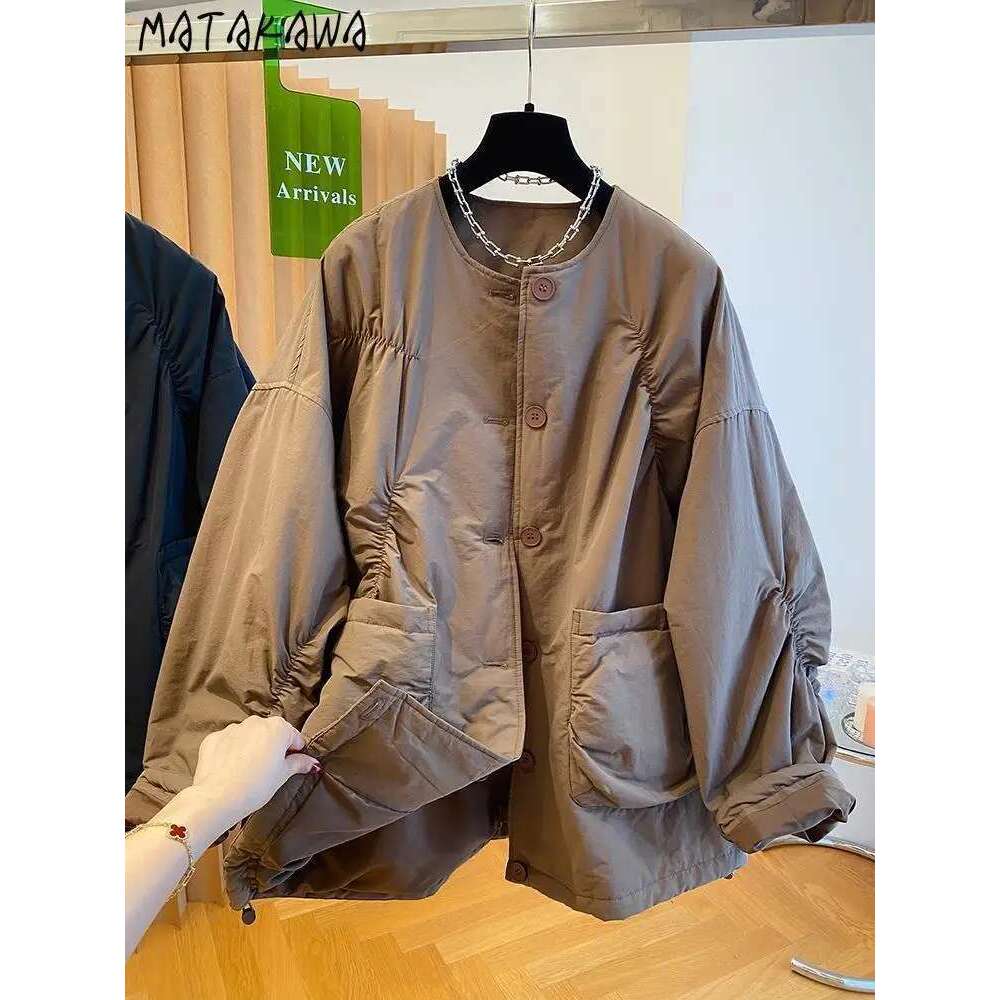 Matakawa Light Weight Jackets Women Solid Autumn Winter Loose Pockets Vintage Coats Parkas Korean Fashion Casual Outwears