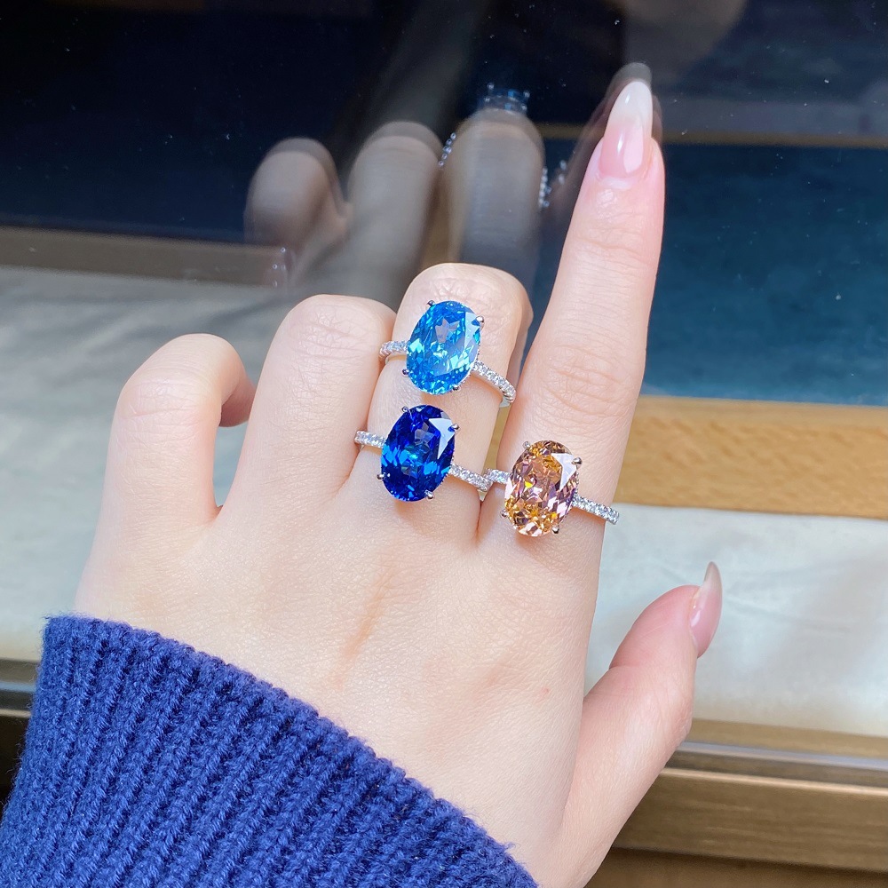 6CT oval S925 sterling silver gemstone blue crystal pink high carbon diamond princess ring personalized fashionable luxurious hand-set pigeon egg-shap