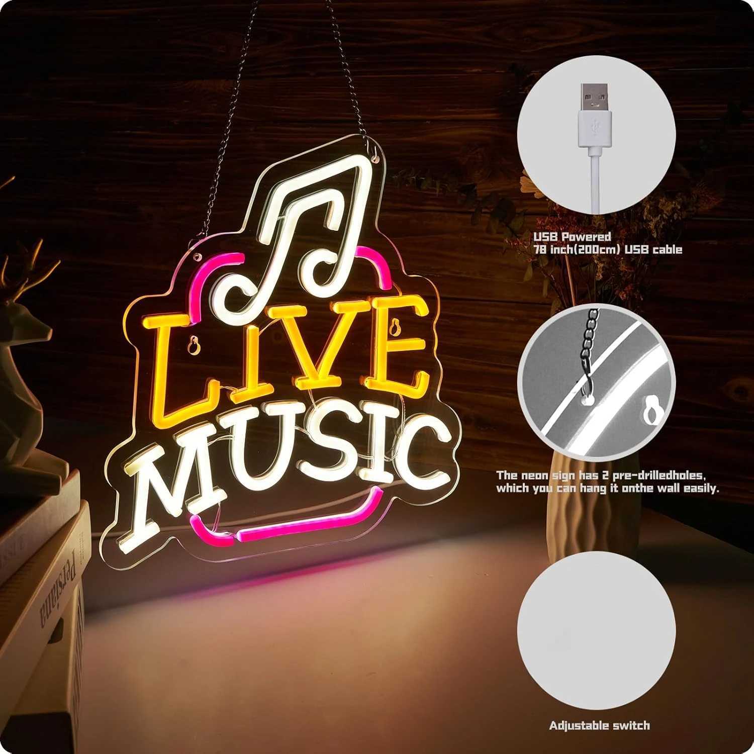 Live Music Neon Sign USB Dimmable Energy-Saving LED Neon Light for Bedroom Bar Club Studio Party Neon Decoration Gift W250526