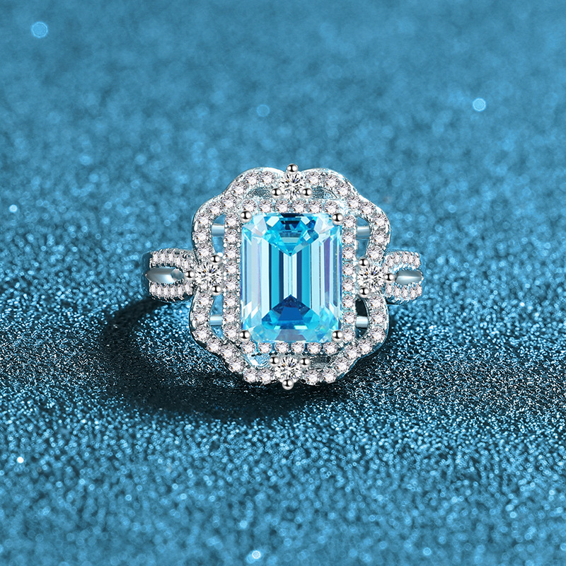 Elegant Emerald Cut Blue Gemstone Ring for Women, Double Halo 925 Sterling Silver Statement Cocktail Jewelry for Party or Gift