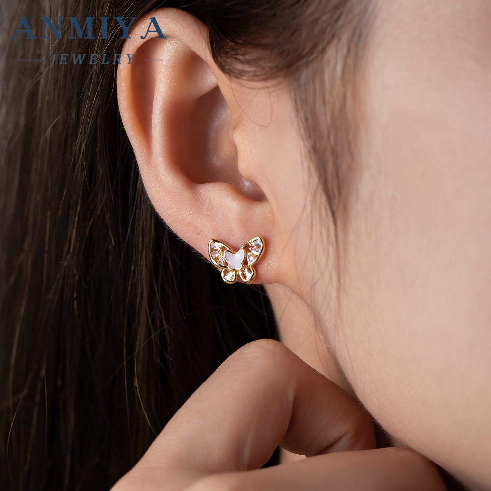 Wholesale Sterling Silver 18k Gold Shell pink butterfly Shape Nice Stud Earrings for Girl Women