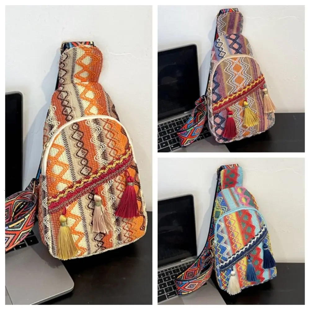 Embroidery Bohemian Shoulder Bag Colorful Korean Style Woven Bag Fringe Chest Bag Handbag Geometric Ethnic Style Crossbody Bag 250526