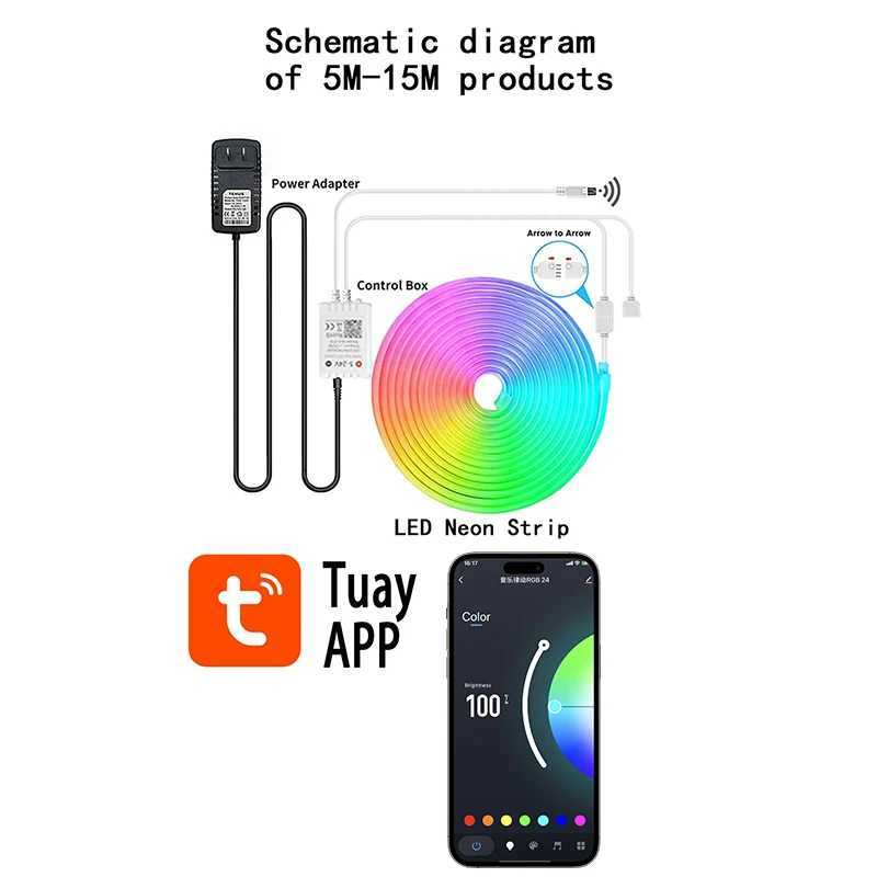 Tuya Smart Life WiFi LED Neon Light Strip 30M 24V Light Strip RGB Neon Sign Tape Work With Alexa TV Home Outdoor Decor Lighting W250526