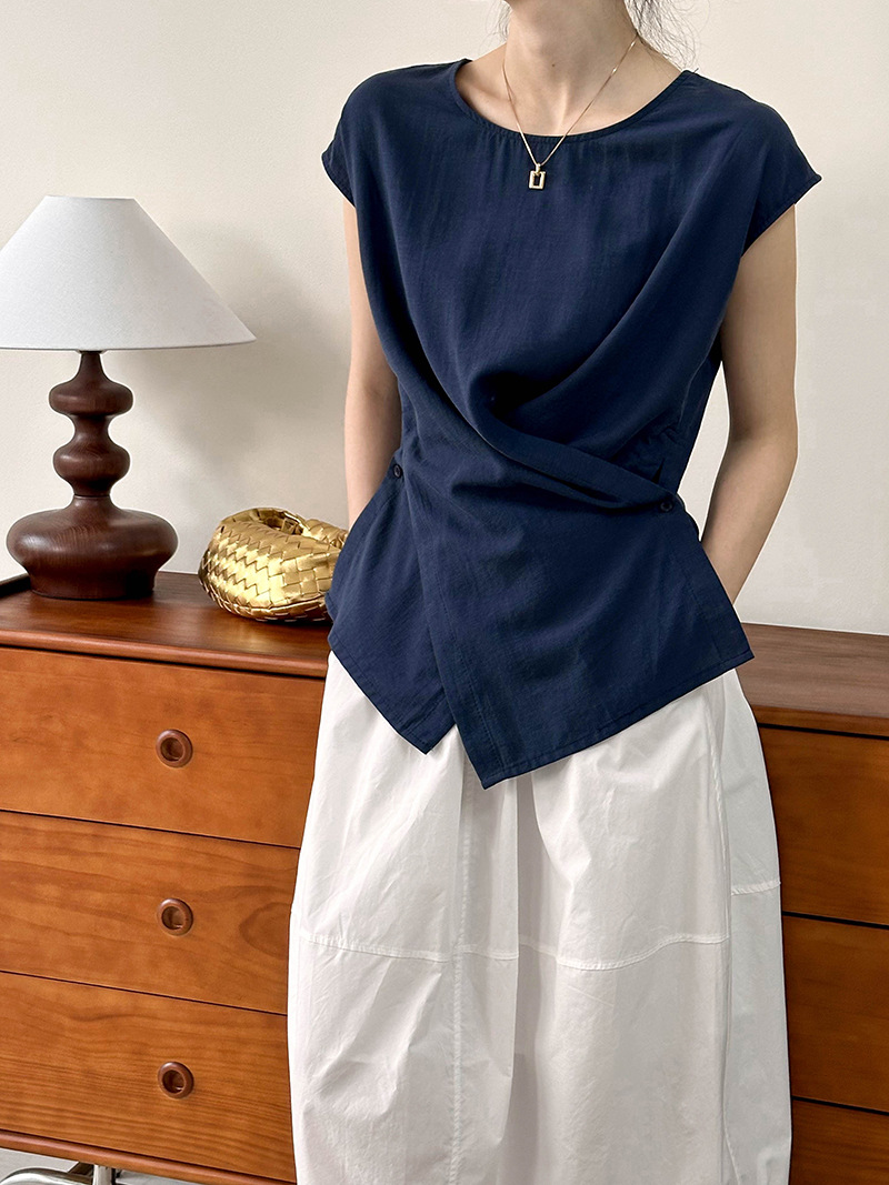 KC55 Summer Tops Casual Chic Irregular Short Sleeve Cross Vest Linen Shirt