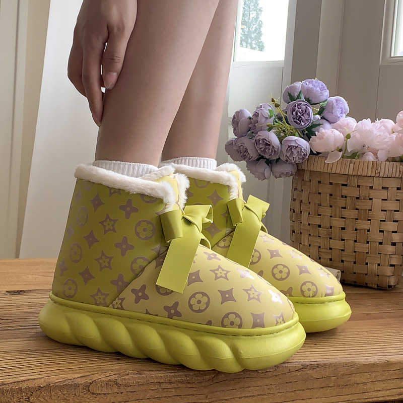 Fashionable Versatile Warm High Top Snow Boots Women Winter Outdoor Non Slip Waterproof Thick Sole Cotton Shoes with Bow Design