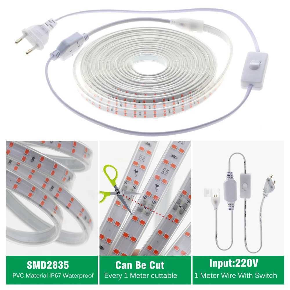 SMD2835 220V 180LEDS/M 12W/M Double Row Lamp Beads IP67 Waterproof Full Spectrum High Brightness LED Grow Light StripXJ250526