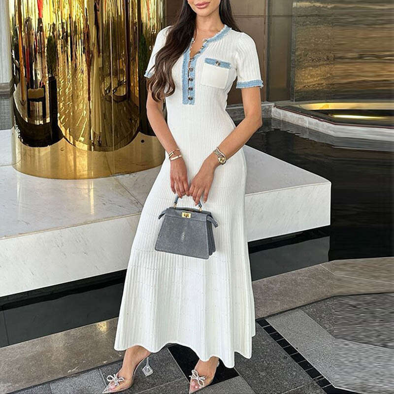 Backless Sexy Dress Brand French Robe Casual Knitted For Women Elegant V Neck Waist Cinching Denim Ribbed Long Dress Sexy Flowy Dresses