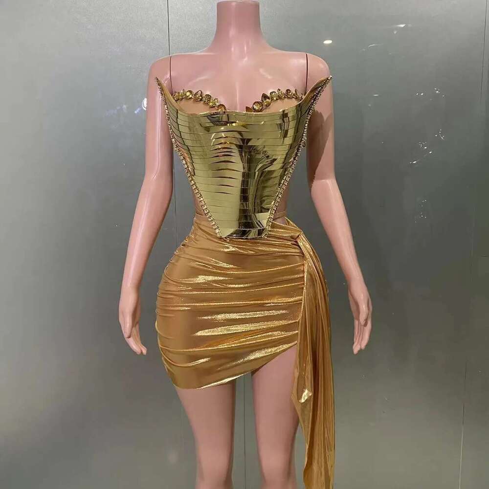 STOCK Sier Glod Color Women Sexy Shinning Crystal 2 Pieces Bodycon Mini Dress Christmas Style Celebrate Bar Singer Stage Wear