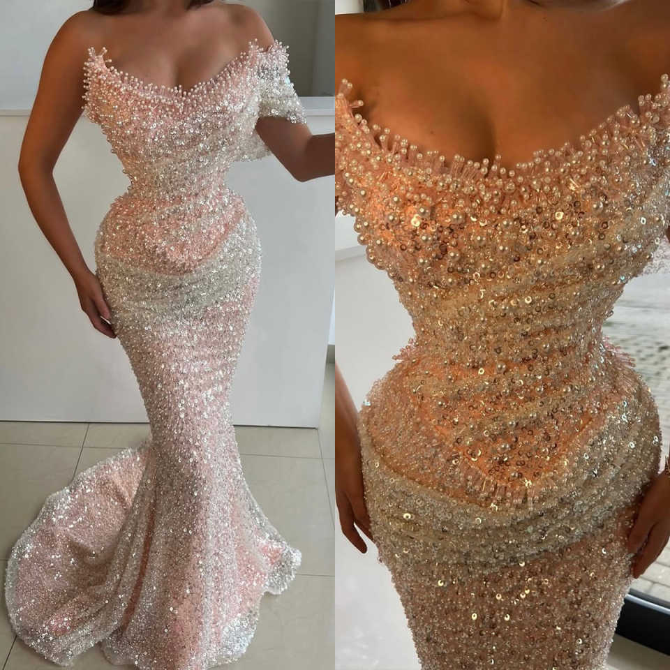Exquisite Pink Mermaid Evening Dress Beading Pearls Sequins Strapless Prom Gowns Sexy Floor Length Party Dresses Customized