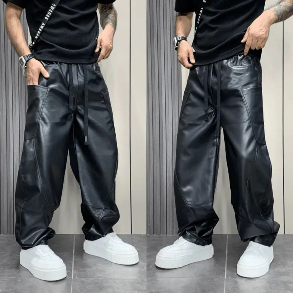 Mens Pu Leather Pants MultiPocket Streetwear American HipHop AllMatch Solid Color Simple Casual Clothing 250526
