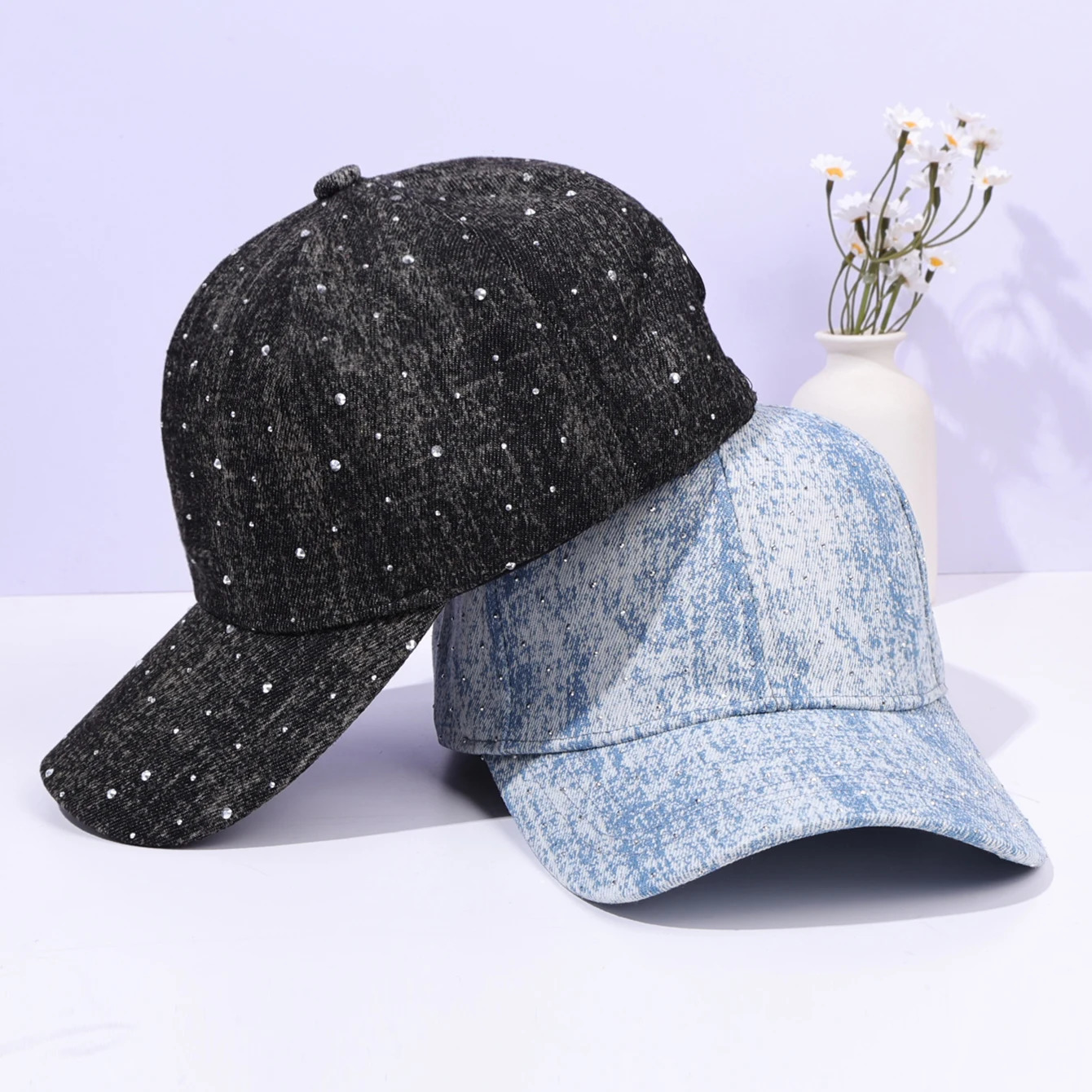 Fashionable rhinestone decorated duckbill cap denim casual sun shading baseball cap 250520