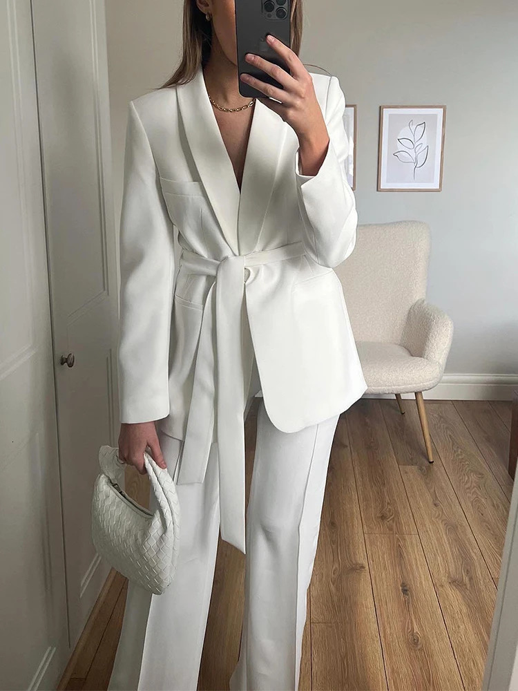 Summer White Women Suits Two Piece Elegant Shawl Lapel No Buttons Dress with Belt Fashion Office Lady Daily Casual Pants Sets 250520A