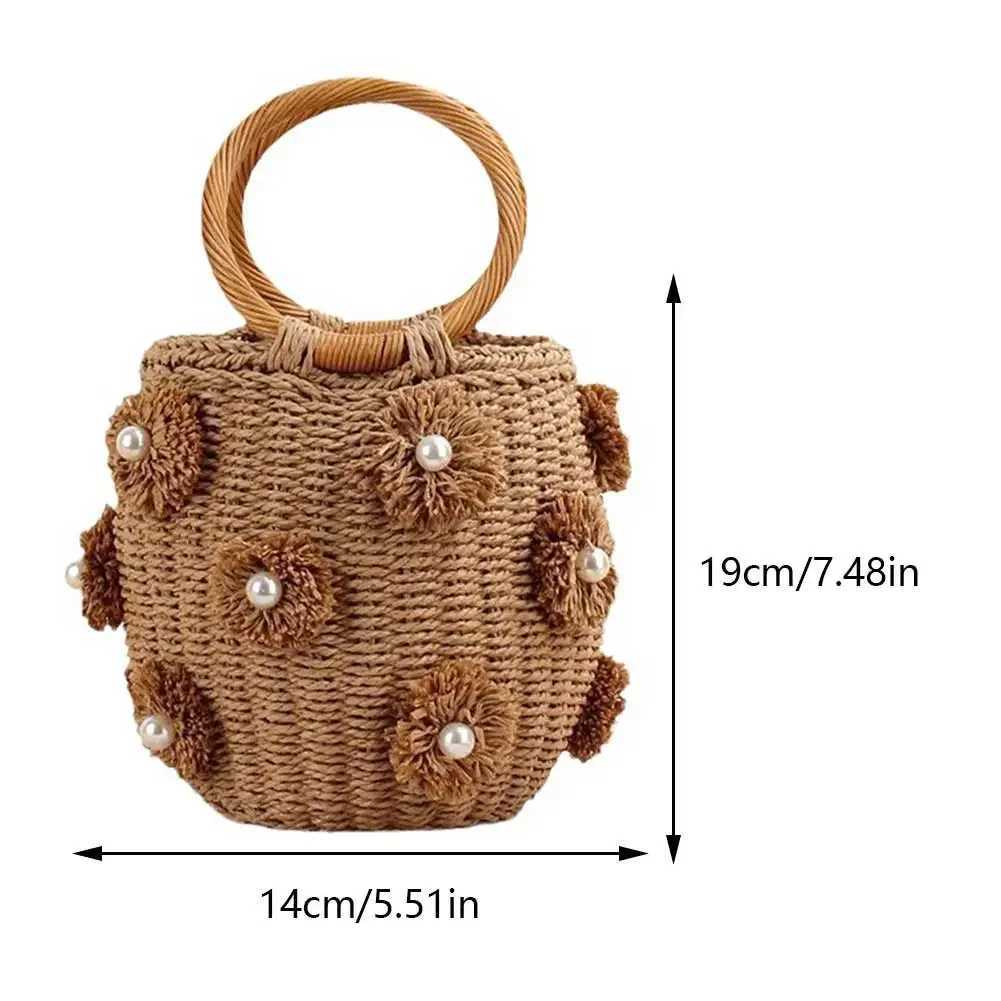 Women Straw Tote Handbag with Pearls Handmade Woven Bag Drawstring Wrist Purse Summer Holiday Beach Bag W250524