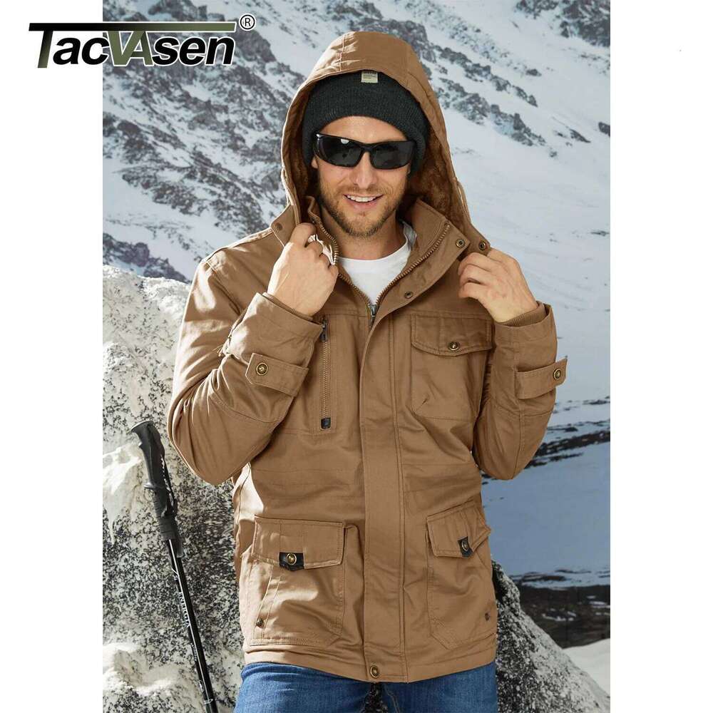 TACVASEN Winter Fleece Cargo Jackets Mens Thermal Lined Warm Work Jacket Removable Hood Windproof Coats WIndbreaker Parka Man