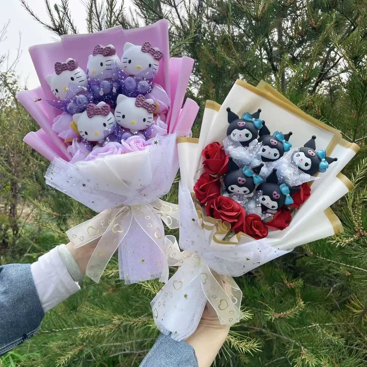 Cartoon Vinyl Doll Hello Kitty With Artificial Flower Creative Bouquet Christmas Valentine Birthday Gifts For Girlsw250526