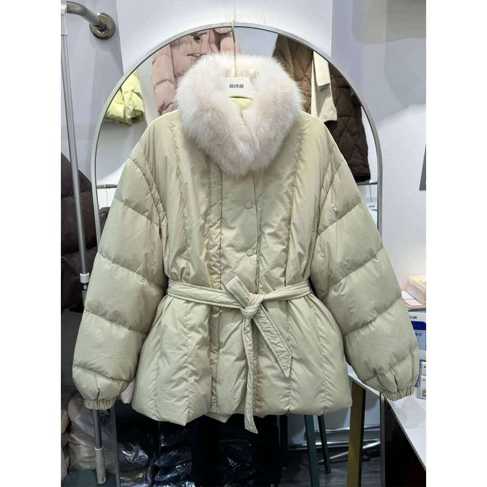 2024 New Solid Color Jacket Women's Korean Version Scarf Fur Collar Thickened White Duck Down Winter Coat Strap Waist