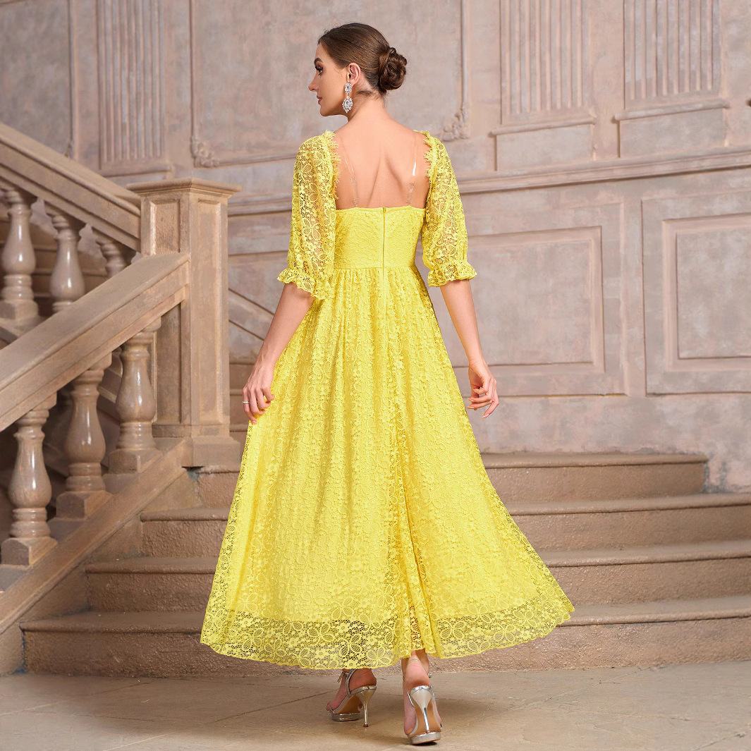 Womens new style bubble sleeve square neck big swing dress elegant 2025