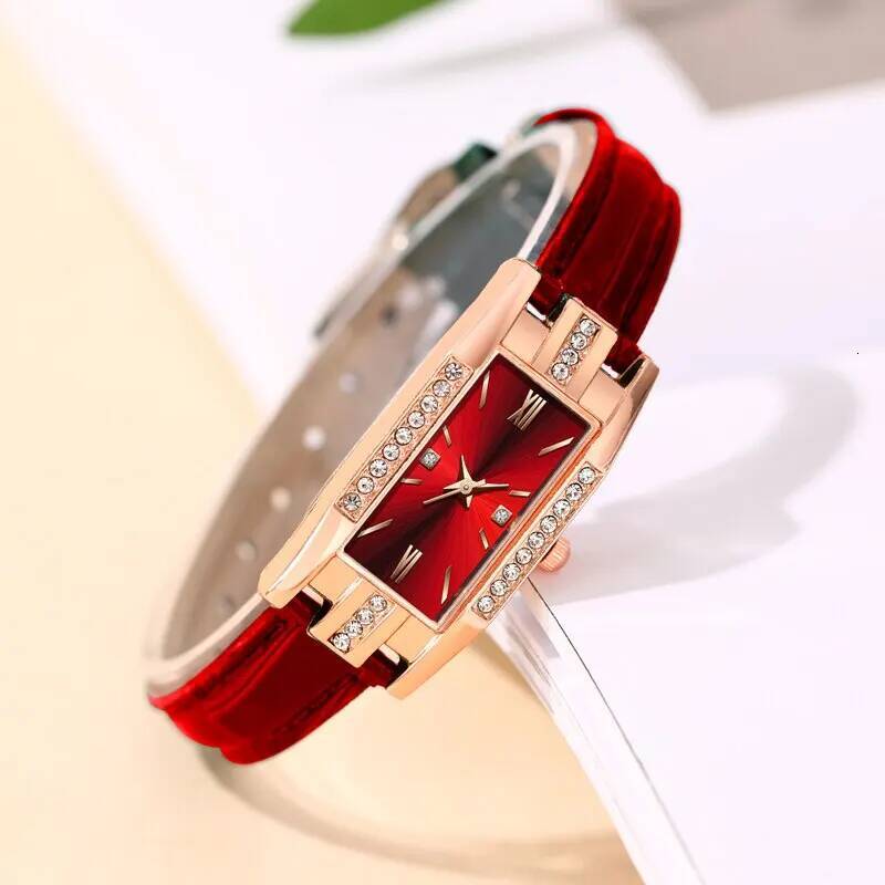 6PCS Set Fashion Women Rectangle Watches Ladies Dress Red Leather Quartz Womens Necklace Earrings Bracelet Wrist Watch