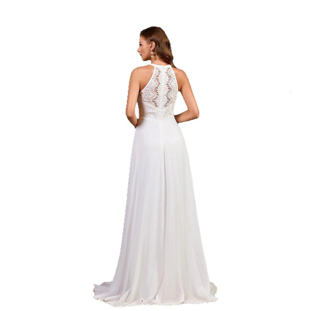 Fashionable neck hanging embroidered slit dress with slim fit and ground falling fish tail temperament evening gown