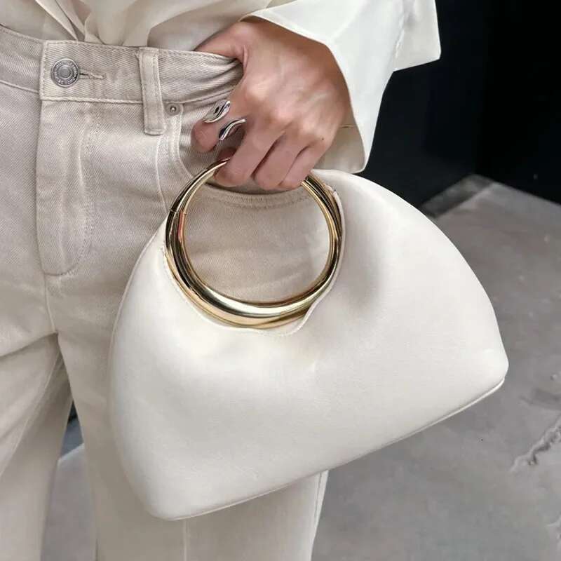 Metallic Round Handle Handbag Designer Evening Bags for Women Soft PU Leather Shoulder Bag 2025 Half Moon Cloud Clutch