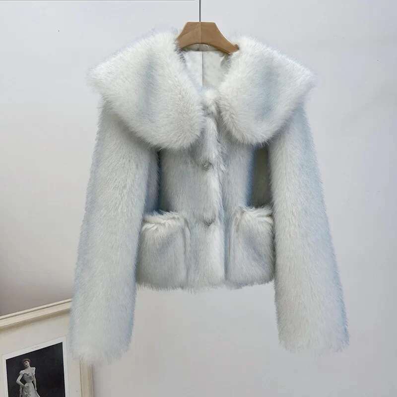 Korean Sweet Doll Collar Gradient Blue Imitation Jacket Winter Women Single-breasted Long Sleeve Faux Fox Fur Coat Female