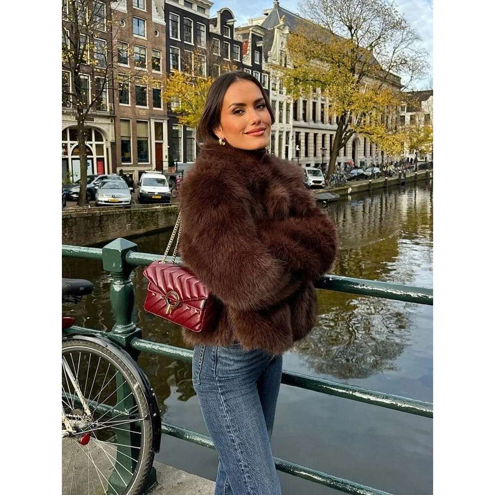 PB&ZA Women's 2024 Autumn/Winter New Jacket Flip Collar Artificial Fur Effect Brown Maillard Short Coat