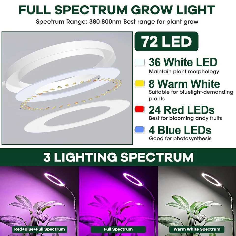 Full Spectrum 72 LEDs Grow Light for Indoor Plants Dimmable 3 Modes Timer Height Adjustable Gooseneck Halo Plant Grow Floor LampXJ250526