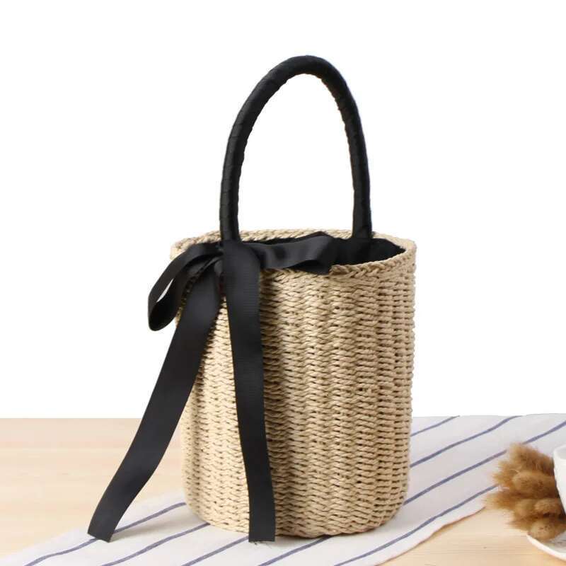 Hand-made Bucket Straw Top Handle Handbags Designer Woven Shoulder Bag Raffia Summer Vacation Casual Bags for Woman