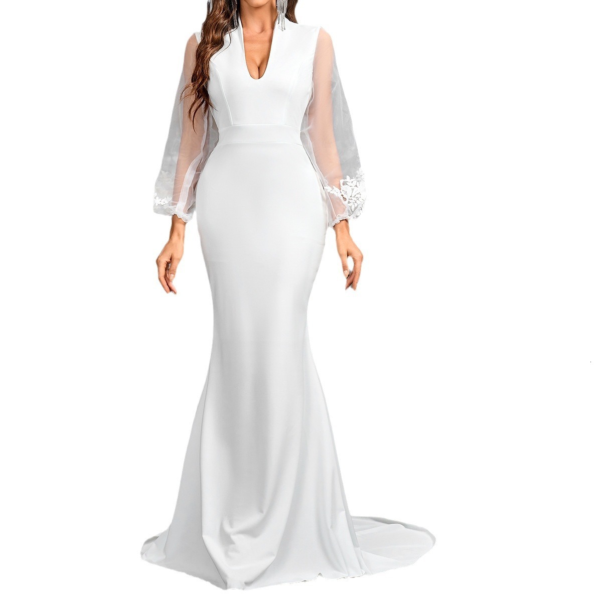 Summer new niche design style V-neck solid color elegant wedding dress