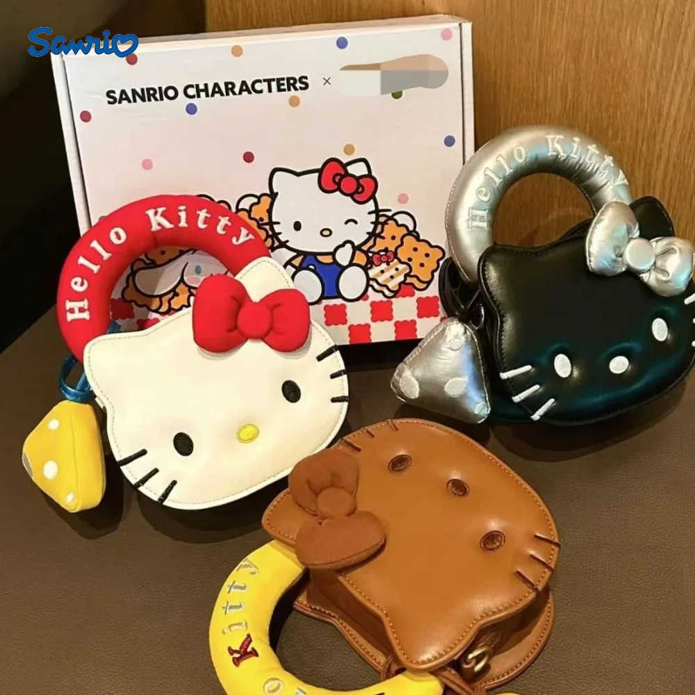 New Hello Kitty Handbag Mini Pu Leather Sand Biscuit Wide Handle Crossbody Bag Anime Girl 3D Kitty Face Shaped Shoulder Bagw250526