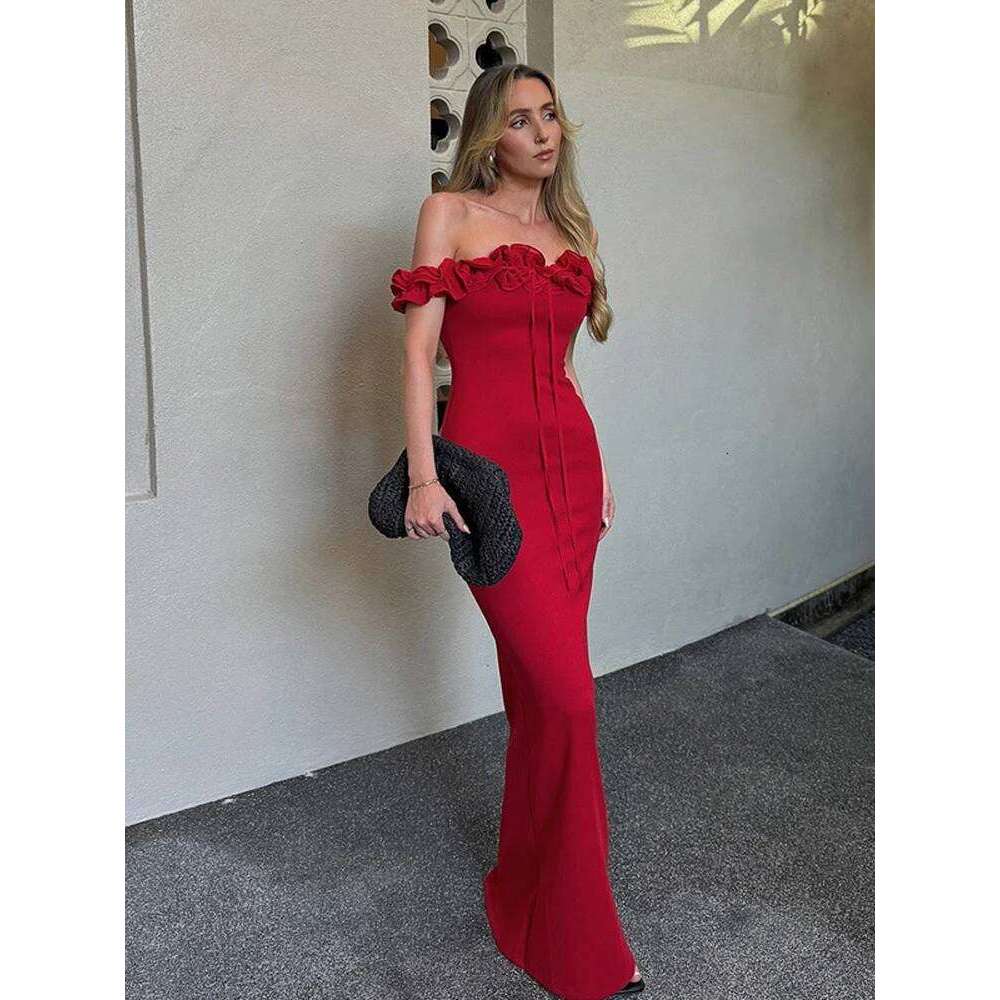 Sexy Off Shoulder Ruffles Women's Dresses Fashionable Lace Up Solid Slim Fit Long Dress Female Summer Beach Holiday Party