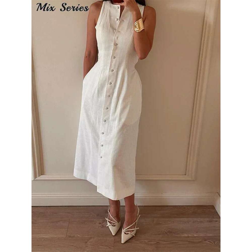 Elegant Sleeveless Long Dress Women's Slim Solid O-Neck Single Breasted A-Line Dresses 2025 Summer New Ladies Fashion Robes