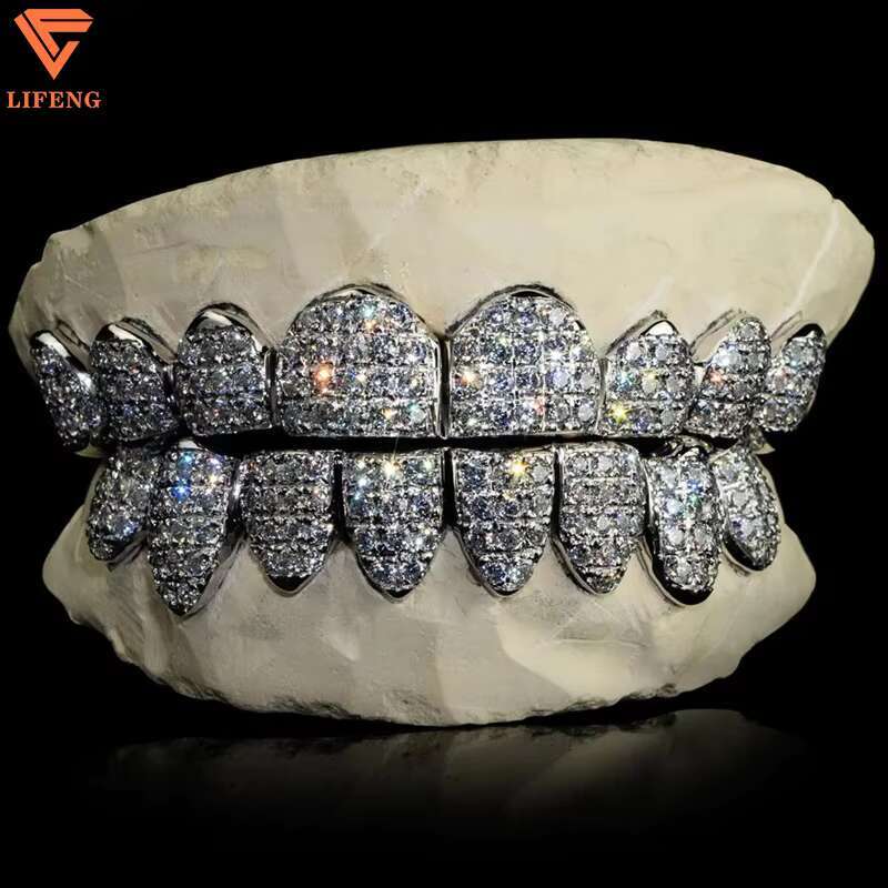VVS Diamond Opal Grillz for Teeth Custom Iced Out Hip Hop Moissanite Grillz 8 on 8 White Gold Plated 925 Silver Grillz Perm Cut