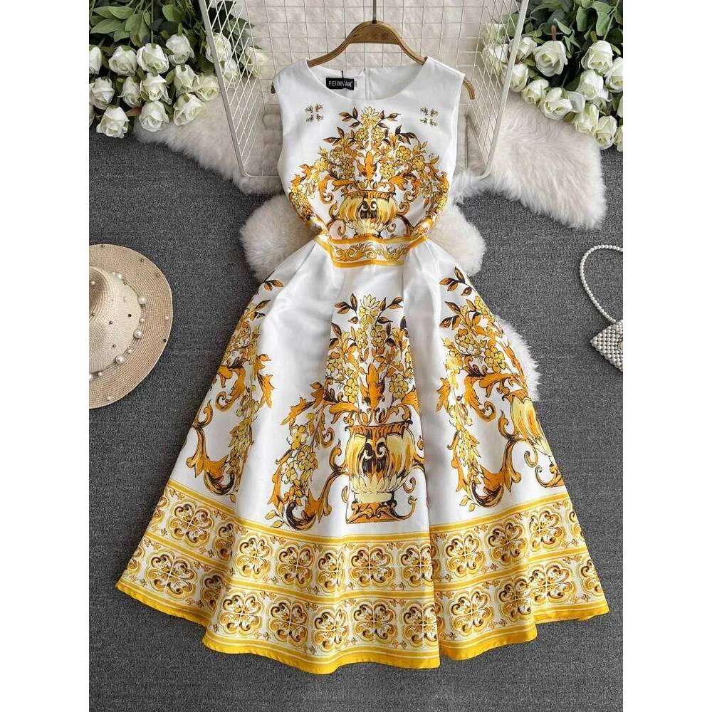 Summer Vintage Blue And White Porcelain Dresses Women's Sleeveless O Neck Tank Flower Print Vest Midi Long Party Vestidos